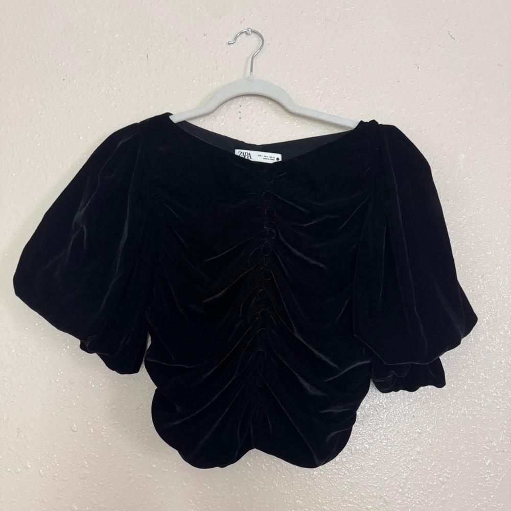 Zara Black Velvet Puff Sleeve Scrunched Blouse